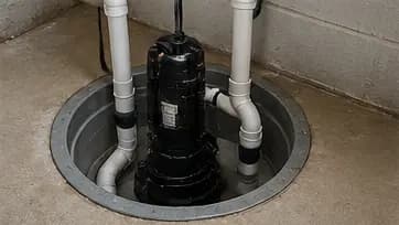 New residential sump pump installed inside a basement sump pit.
