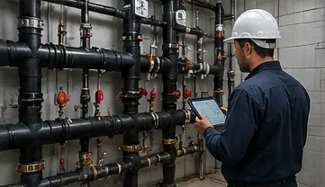 Commercial plumber servicing plumbing equipment inside a commercial building.