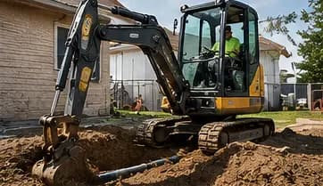 Mini excavator exposing an underground residential water service line for replacement.