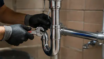 Plumber repairing a residential bathroom sink faucet.