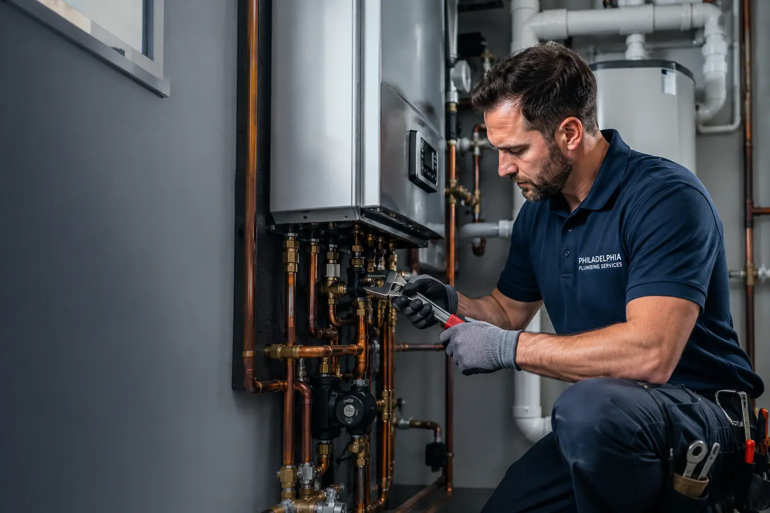 Licensed plumber servicing a residential plumbing system in Philadelphia