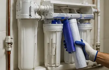 Whole-home water filtration system professionally installed on a residential water line.